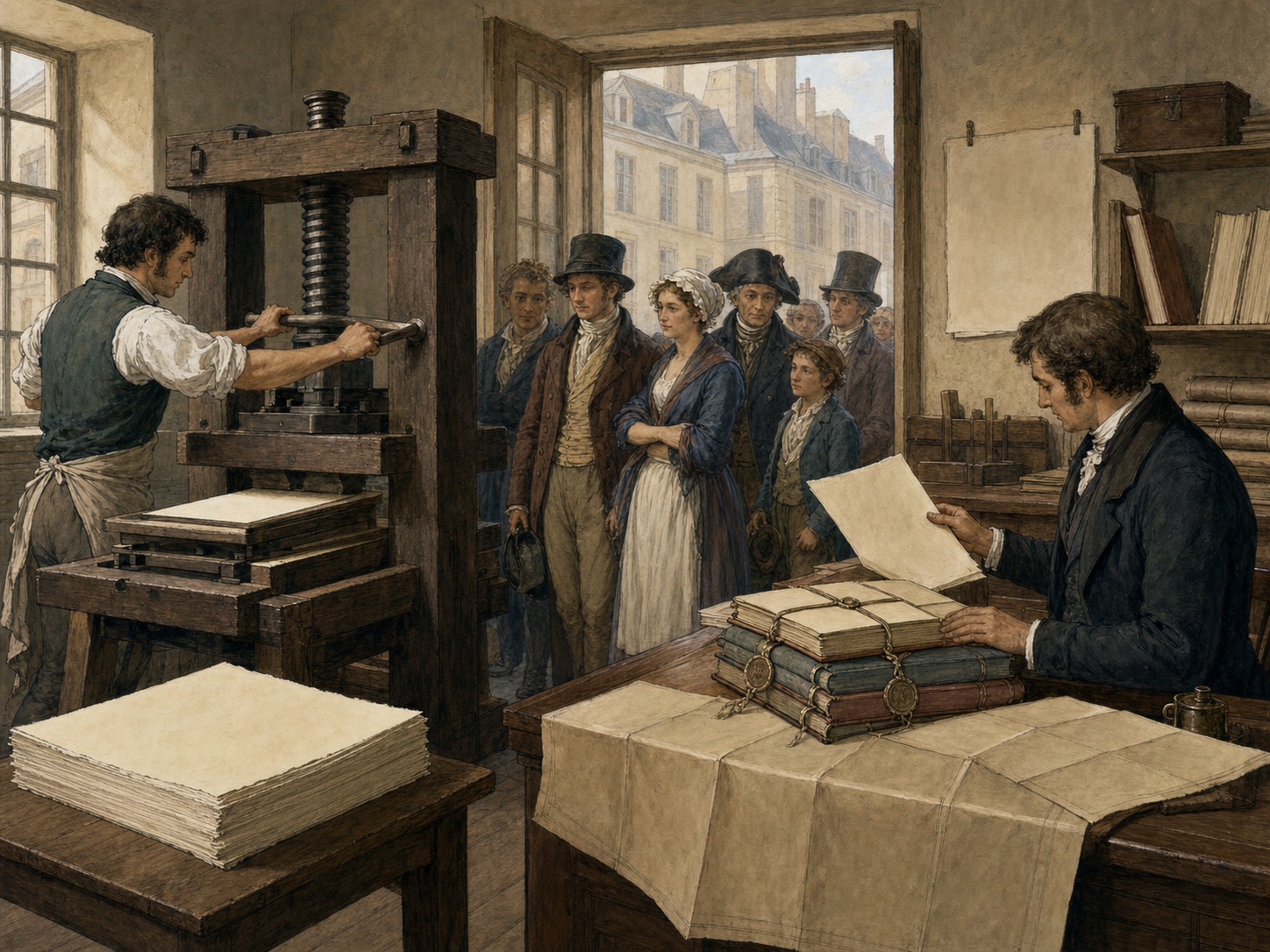A craft worker printing blank sheets on a wooden press while people observe civic documents