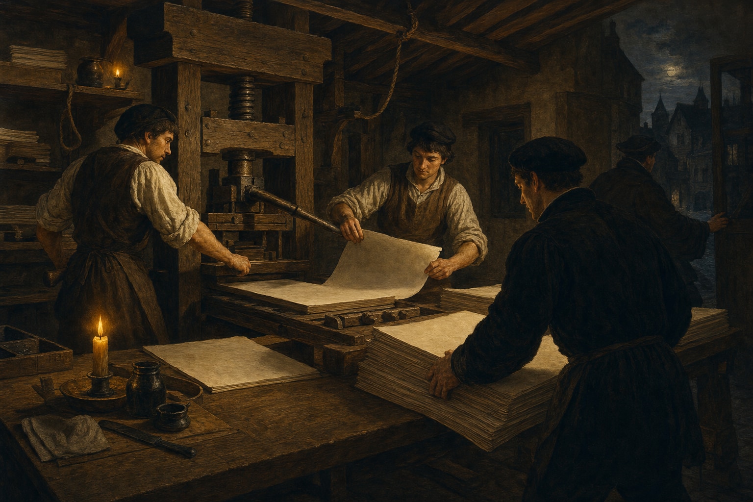 Printers producing blank placard sheets by candlelight in a sixteenth-century workshop