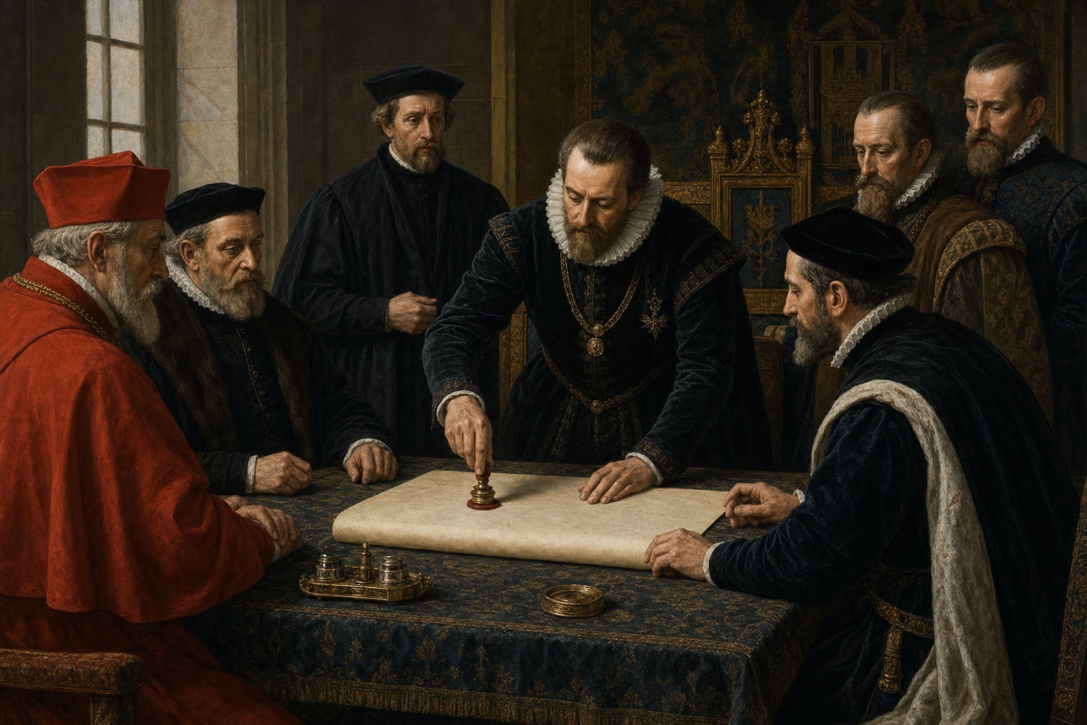 Henry IV and advisers sealing a blank edict on a council table