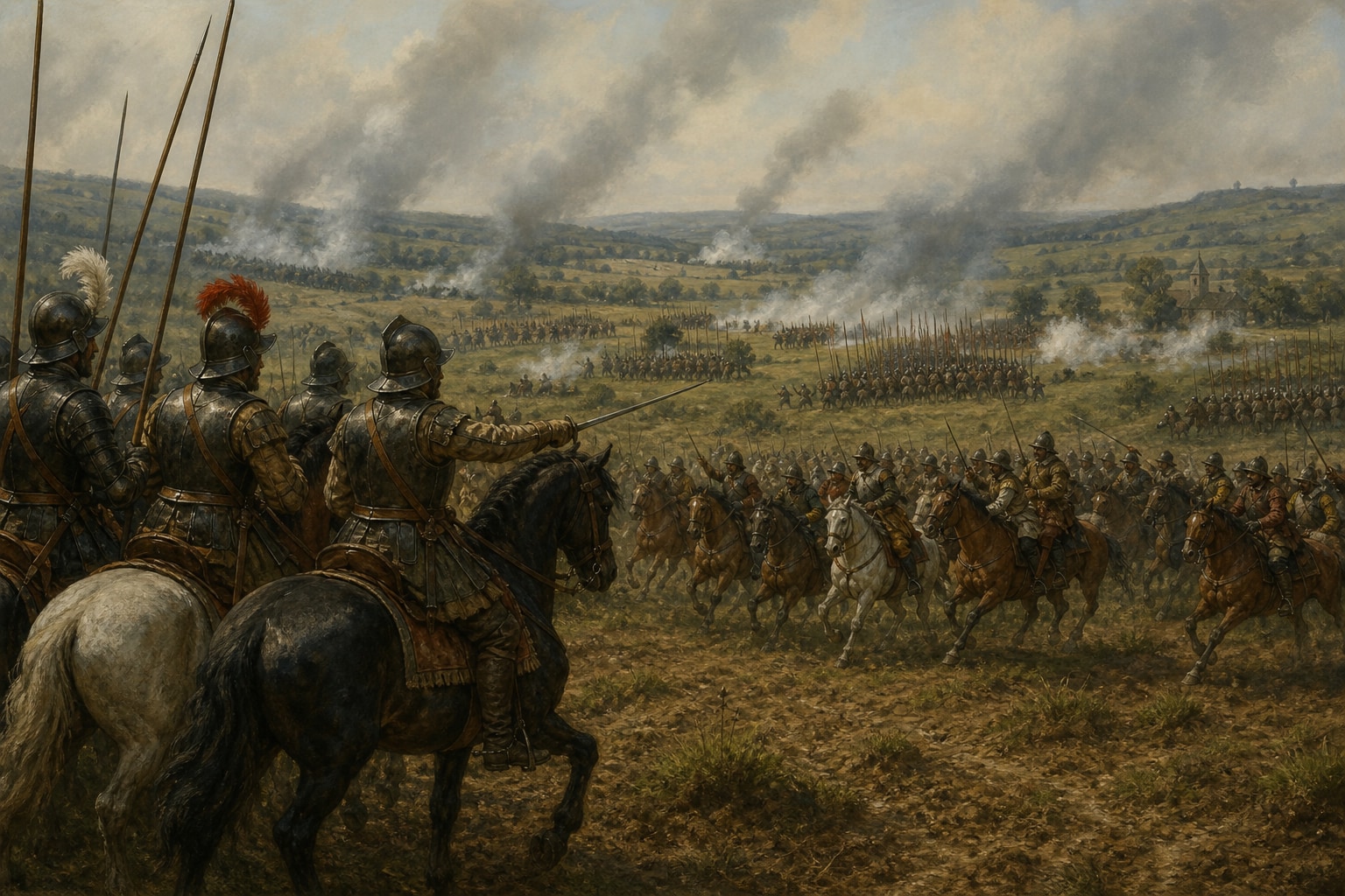 Opposing cavalry and infantry formations crossing a smoky French battlefield