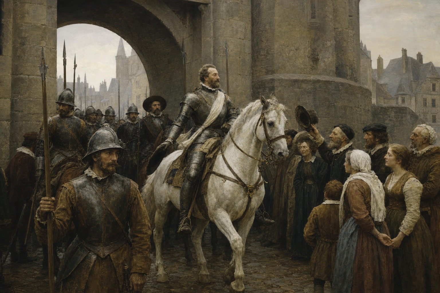 Henry IV riding through a Paris gate as townspeople watch his entry