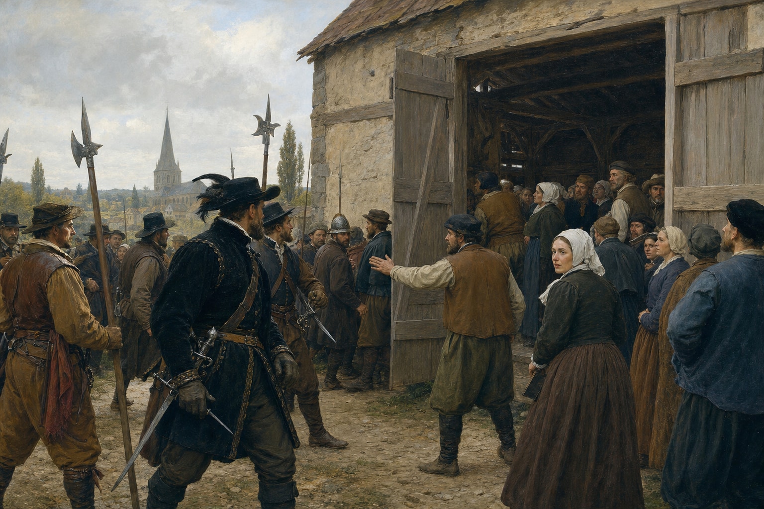 Armed men confronting a gathered congregation at a building in Vassy