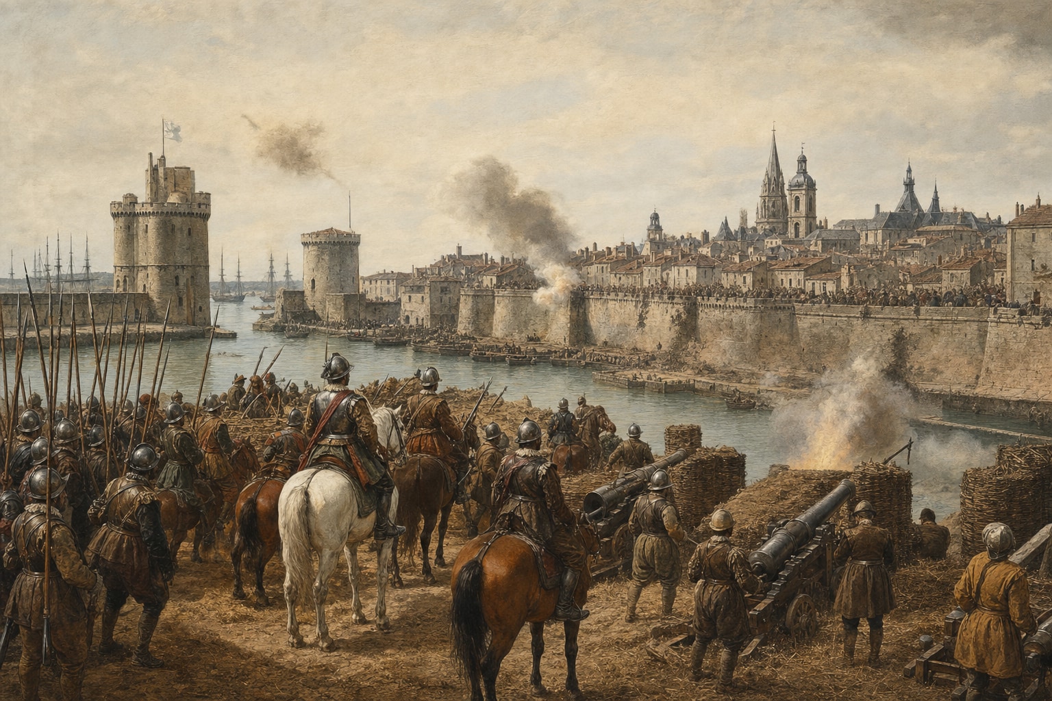 Royal artillery and troops conducting the siege of the fortified harbor at La Rochelle