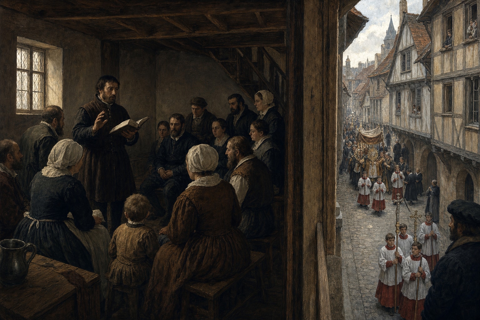 A clandestine Huguenot service inside a house while a separate Catholic procession passes outside