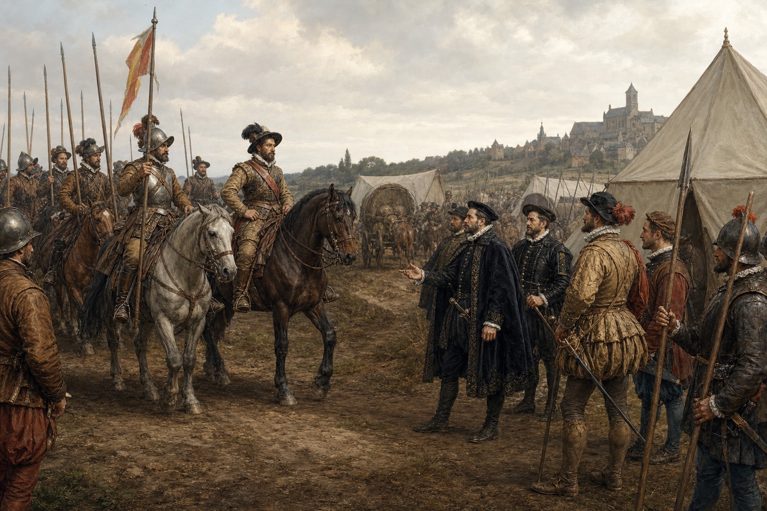 Foreign cavalry entering a French faction's military camp during the religious wars
