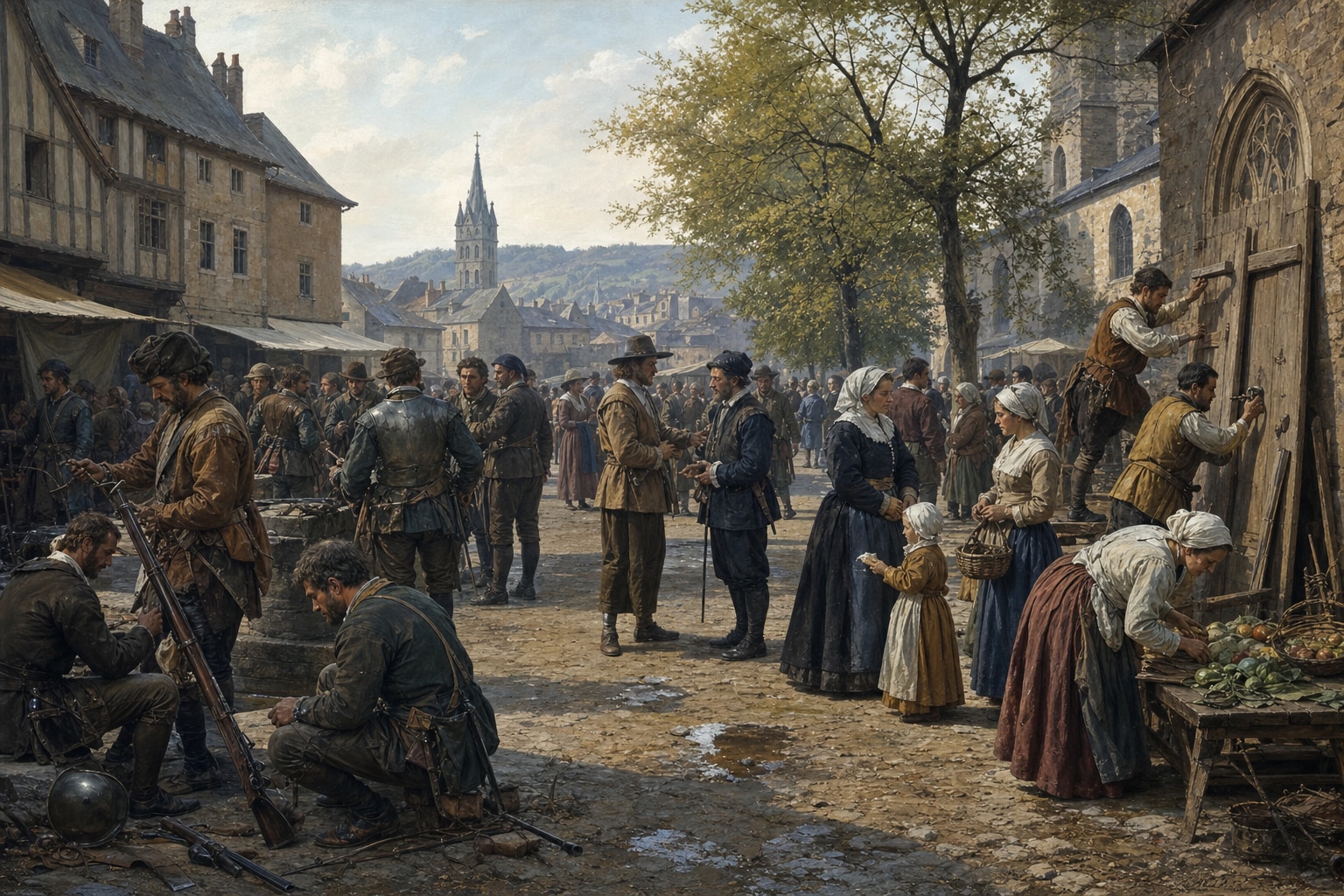 Soldiers demobilizing as shops and a church reopen in a provincial town after 1598