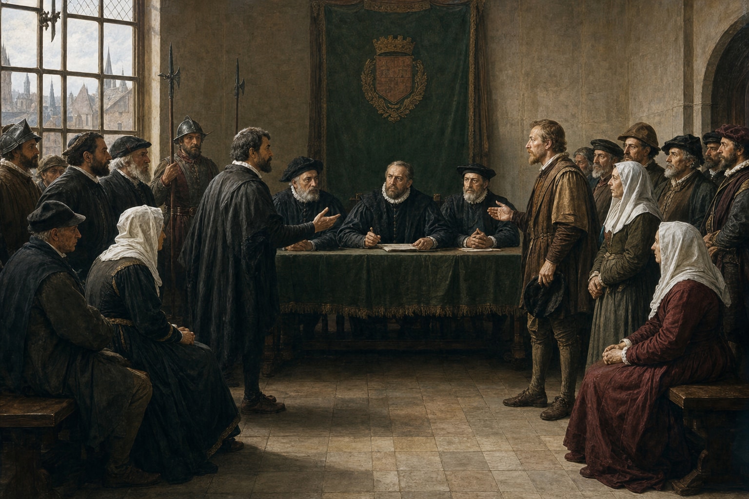 Catholic and Protestant townspeople presenting arguments before a civic hearing