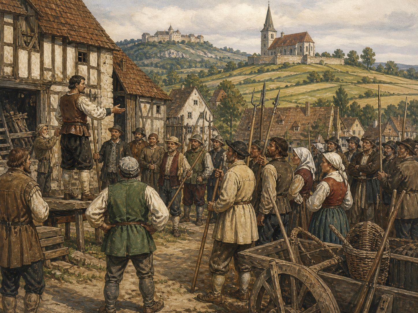 Historical reconstruction of German Peasants' War's background: Lordly courts and taxes, restrictions on forests and water, and new Reformation language connected regionally specific grievances.