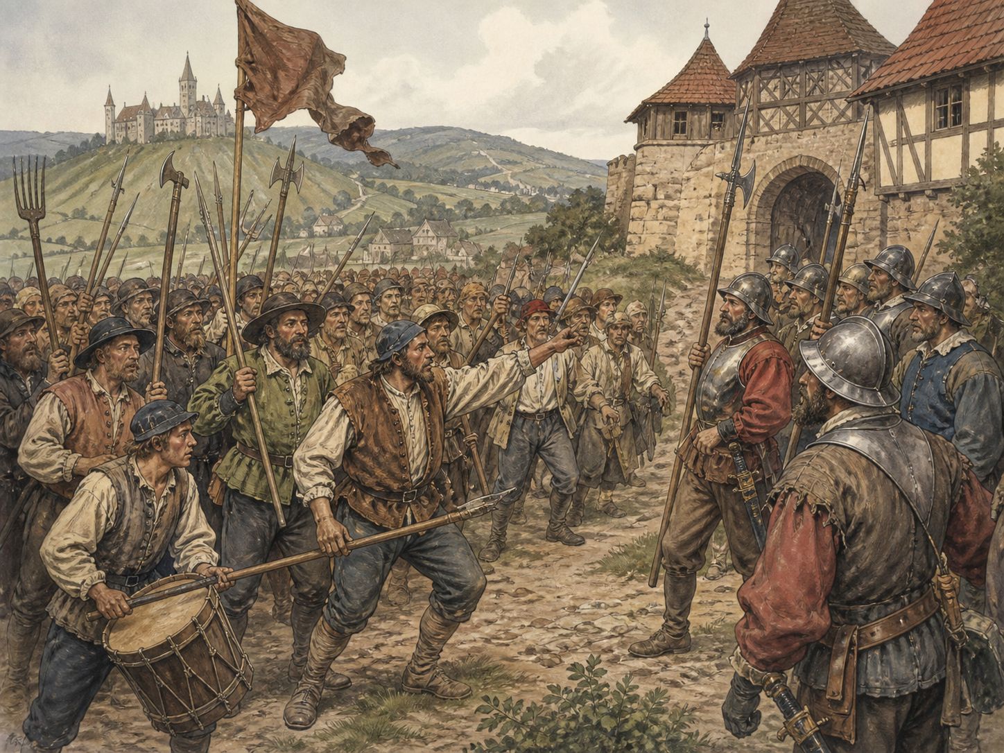 Historical reconstruction of German Peasants' War's central action: Peasants articulated demands such as the Twelve Articles, while princely armies divided and suppressed the uprisings.