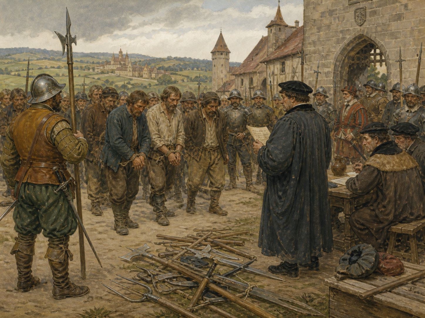Historical reconstruction of German Peasants' War's immediate aftermath: Tens of thousands were killed and most demands were rejected, though the legitimacy of lordship was openly debated.