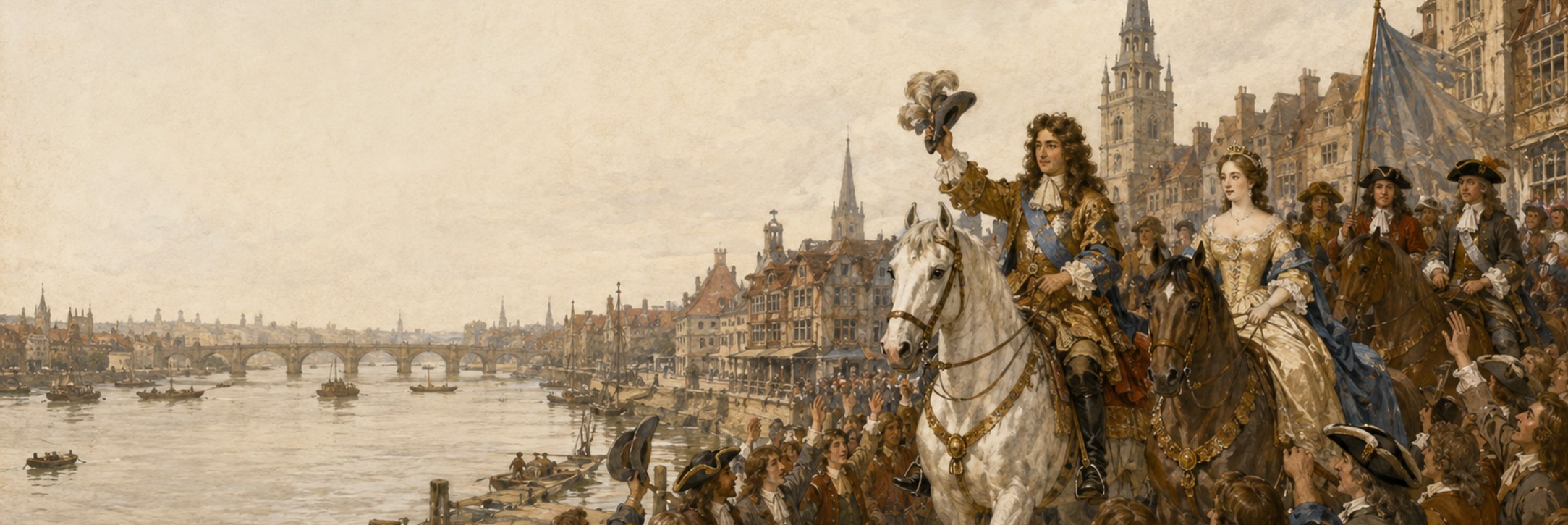 A historical reconstruction of the succession negotiations and army bound for London at London, showing the setting of Glorious Revolution