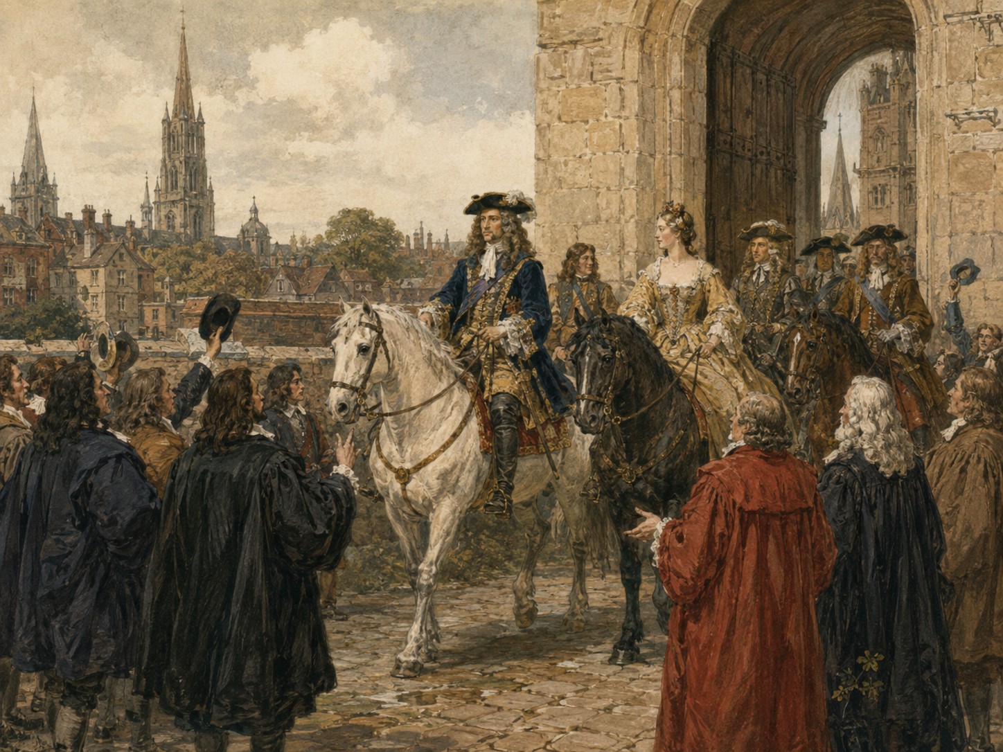 Historical reconstruction of Glorious Revolution's central action: James II was displaced in England, and William III and Mary II took the throne with parliamentary approval.