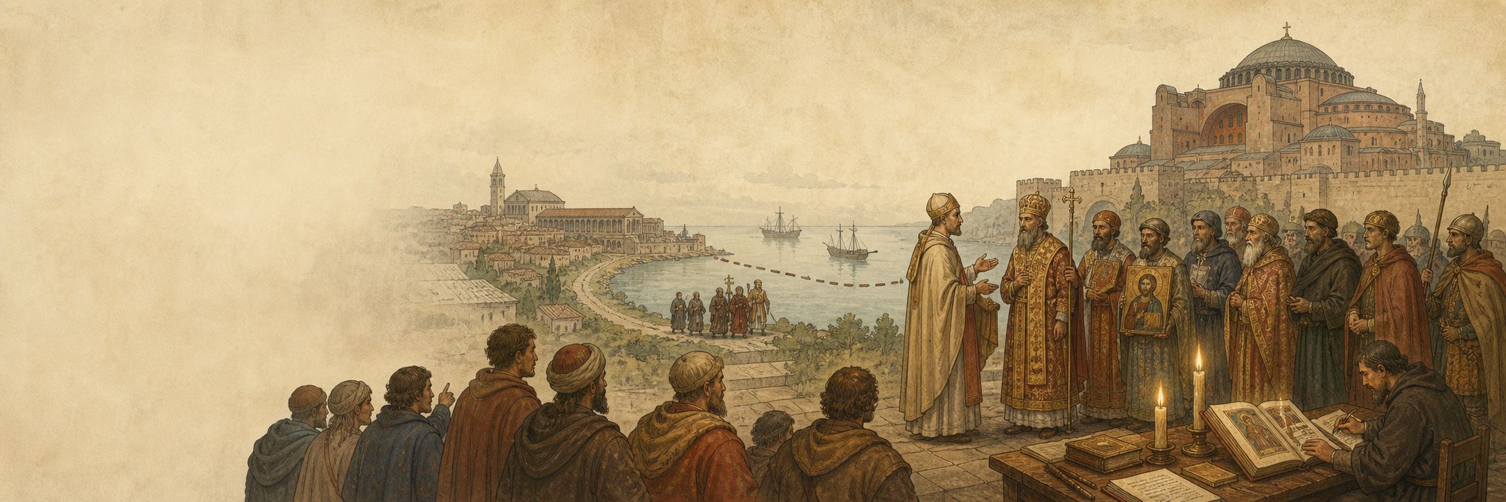 A historical reconstruction of communities and the movement of ideas at Constantinople and Rome, showing the setting of East–West Schism of 1054