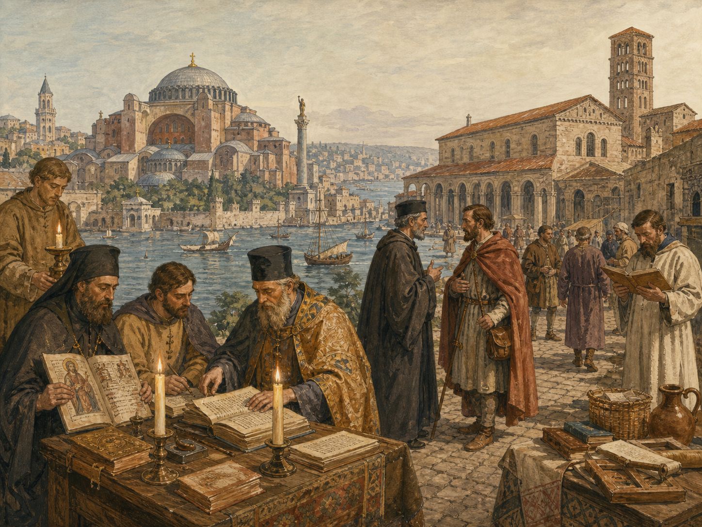 Historical reconstruction of East–West Schism of 1054's background: In and around Constantinople and Rome, the setting took shape as Conflict between the papacy and the patriarchate of Constantinople led to mutual excommunication and deepened the division of eastern and western churches.