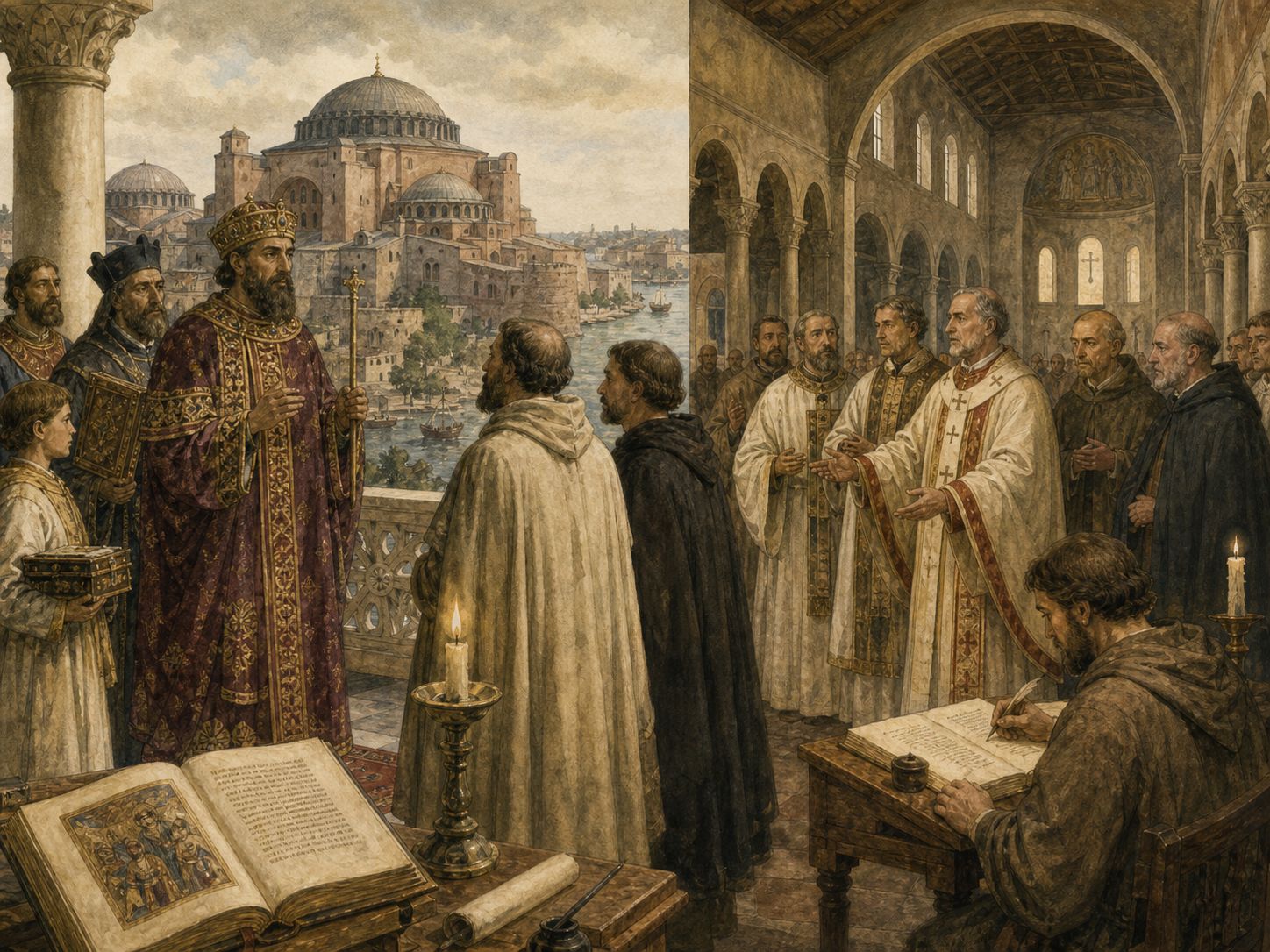 Historical reconstruction of East–West Schism of 1054's central action: Conflict between the papacy and the patriarchate of Constantinople led to mutual excommunication and deepened the division of eastern and western churches.