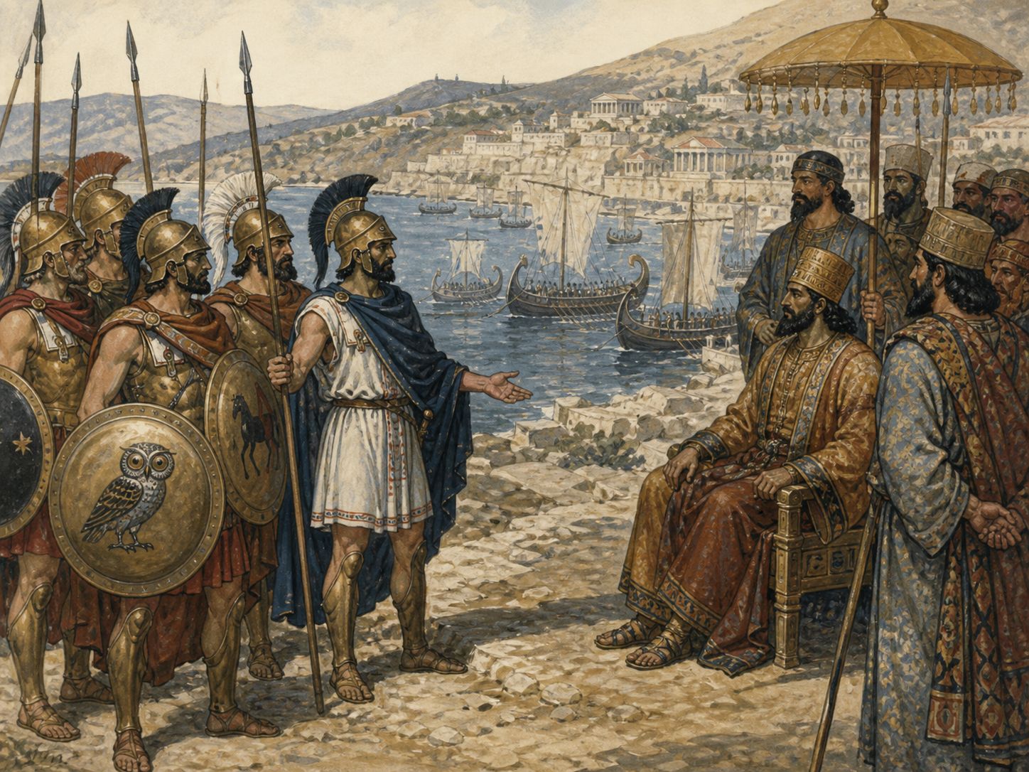 Historical reconstruction of Greco-Persian Wars's central action: The Ionian Revolt, Darius’s campaigns, Marathon, Xerxes’ invasion, Thermopylae, Salamis, Plataea, and the Delian League’s counteroffensive unfolded in successive phases.