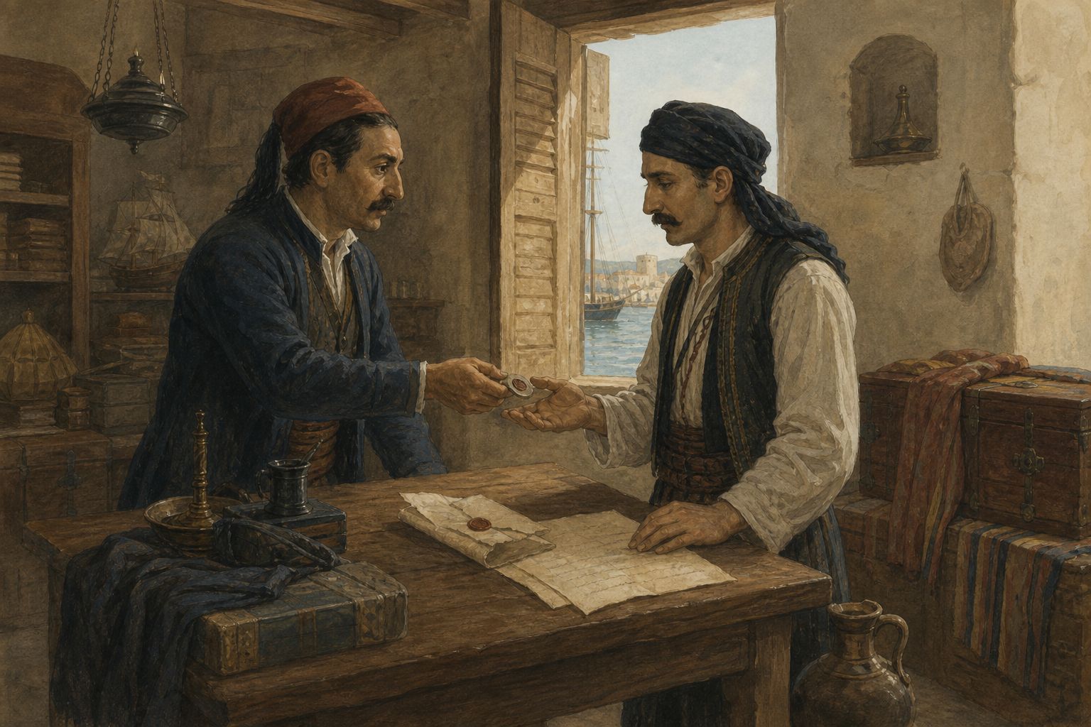 Two collaborators exchange a secret token and map in a harbor warehouse