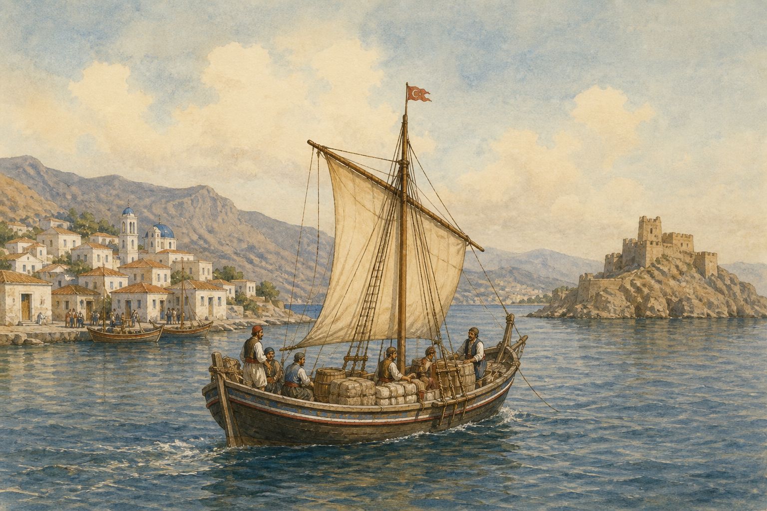 Small boats and coastal networks move supplies beneath an island fortress