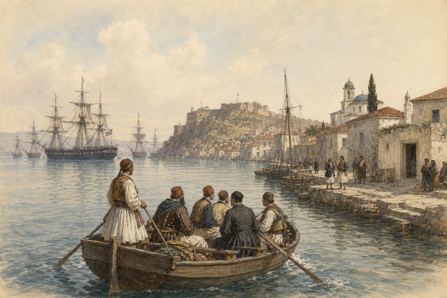 People row toward a fortified harbor while watching the fleets of the powers