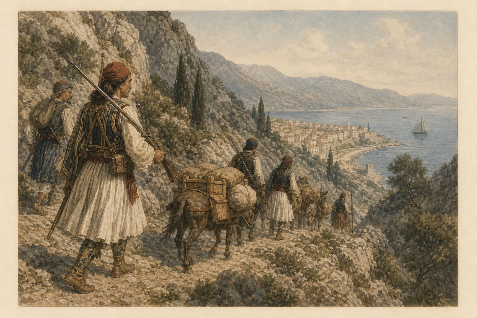 Armed people and pack animals descend a mountain road toward a coastal town
