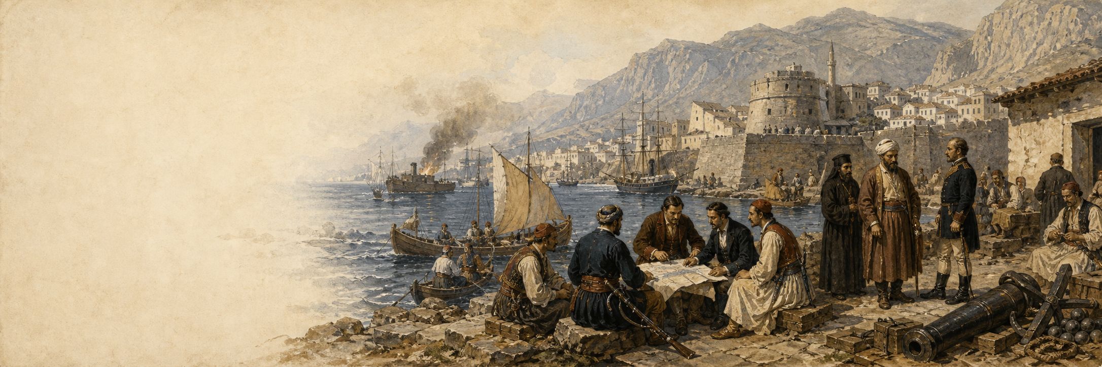 People study a map at a harbor while discussing the Greek revolt and great-power diplomacy