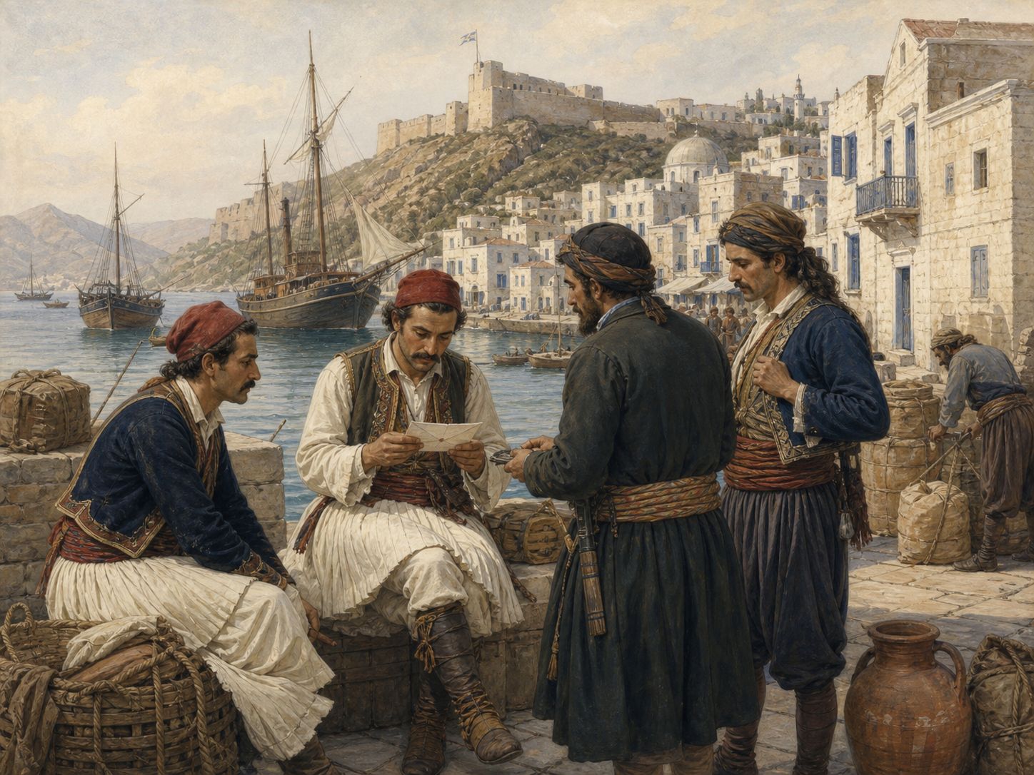 Merchants share news of an uprising beside letters and maps in a harbor warehouse