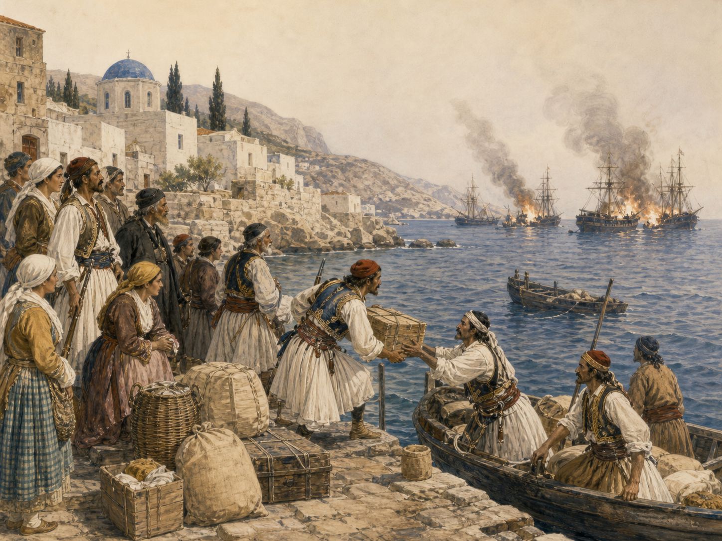 People load supplies from the coast onto boats bound for the fighting