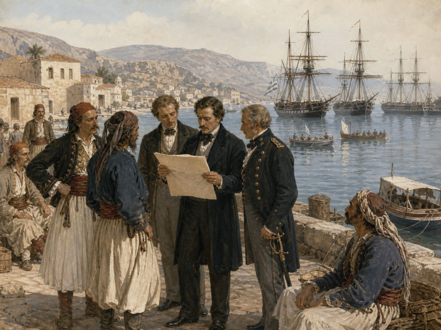 Greek leaders and European envoys read a document about independence at the harbor