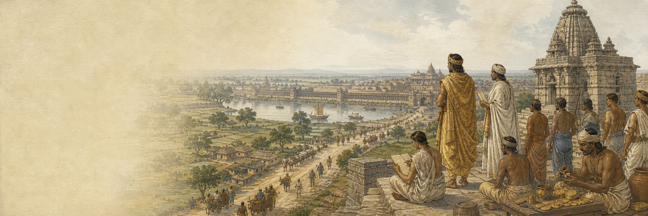 A historical reconstruction of rulers, administration, and society at northern India (around Pataliputra), showing the setting of Rise of the Gupta Empire