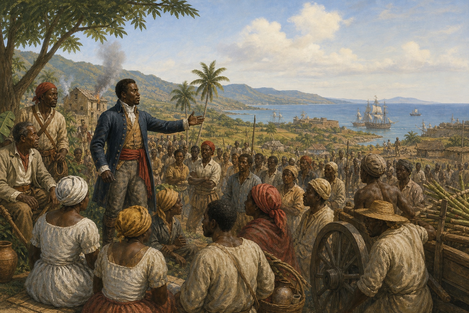 Illustrated reconstruction of Black civilians and troops organizing supplies beside cane fields