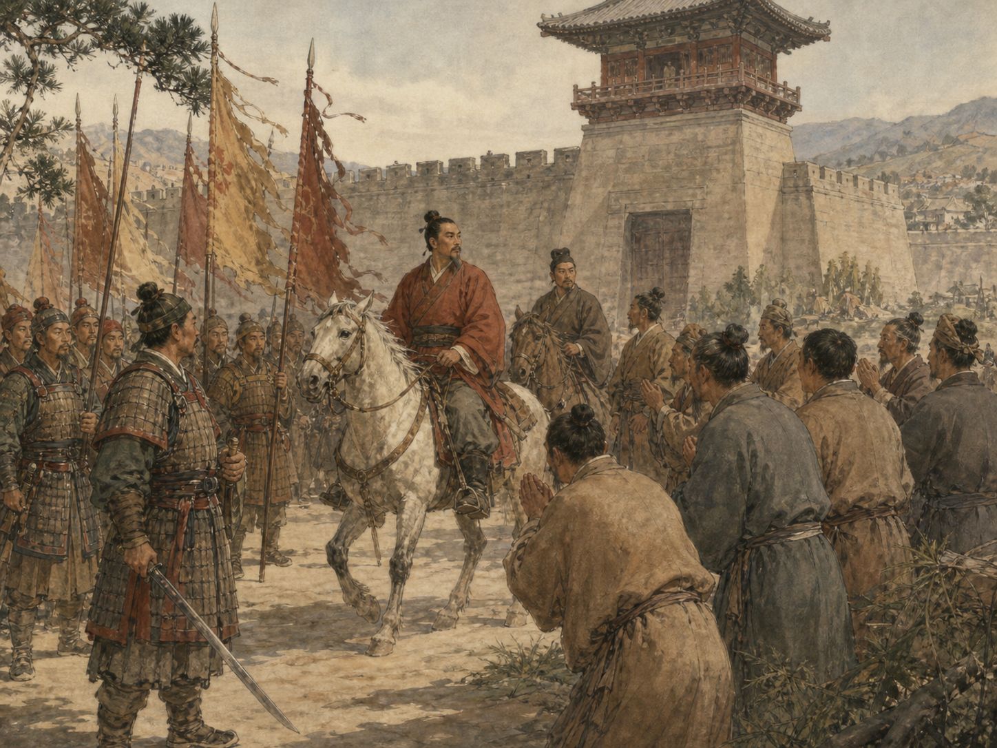 Historical reconstruction of Foundation of the Han Dynasty's central action: Liu Bang combined alliances with campaigning, defeated Xiang Yu, and secured a political base in the Guanzhong and eastern regions.