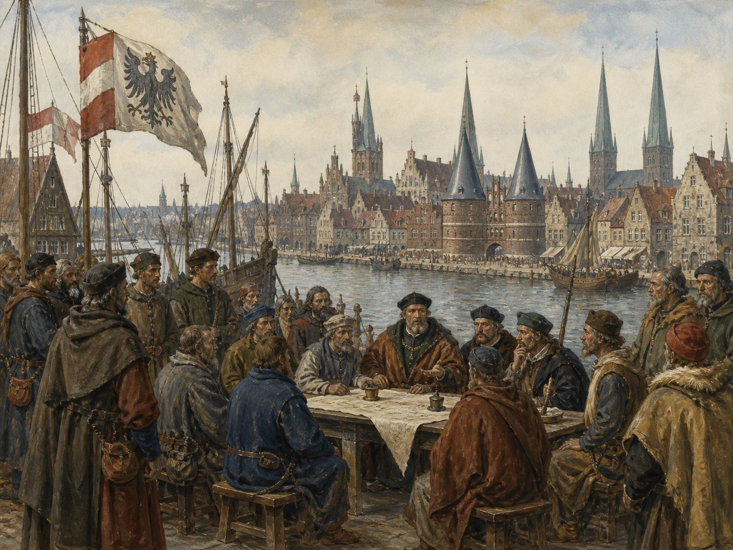 Historical reconstruction of Foundation of the Hanseatic League's central action: Towns such as Lübeck and merchant groups coordinated northern routes through privileges, meetings, and dispute settlement.