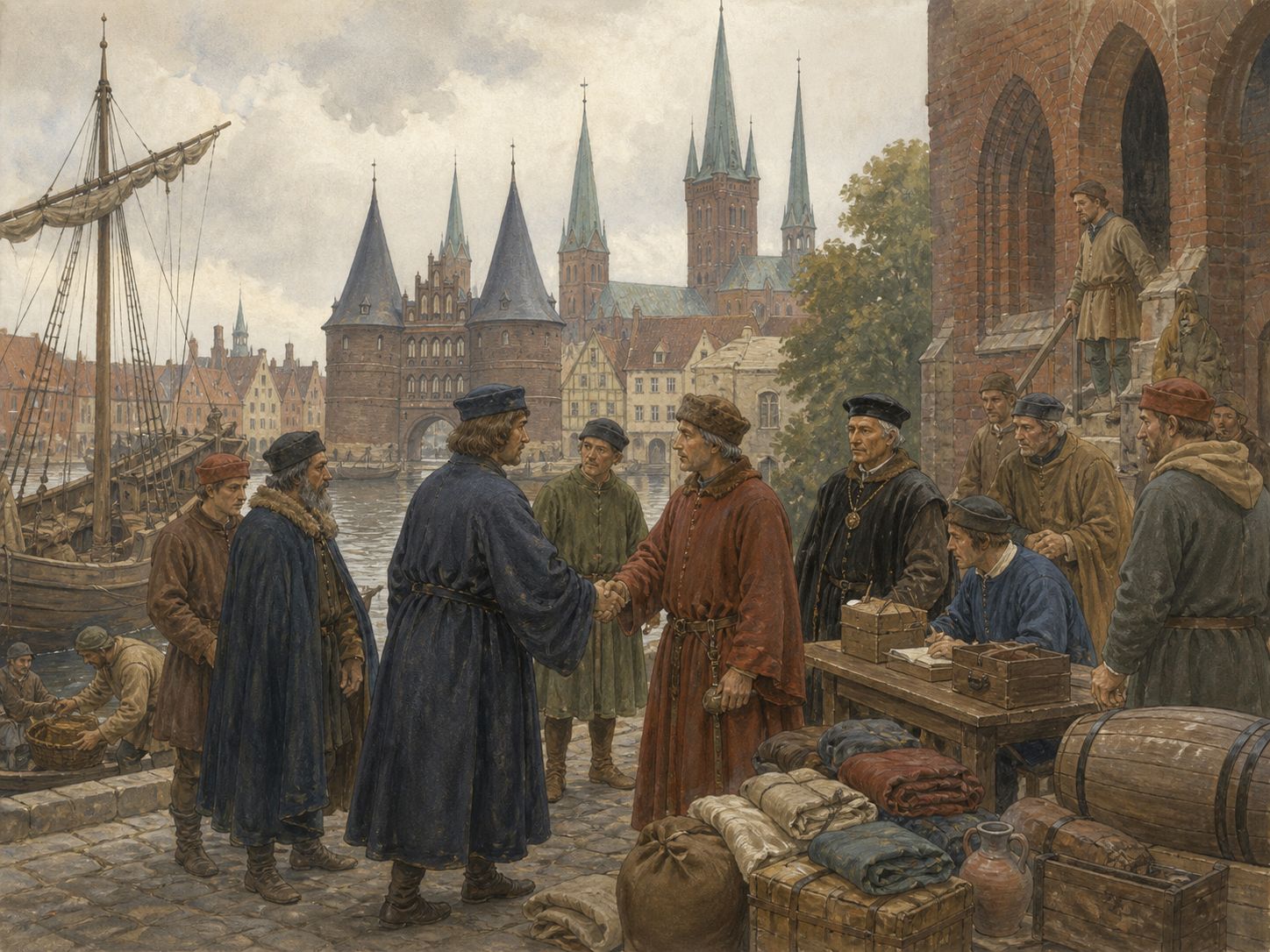 Historical reconstruction of Foundation of the Hanseatic League's immediate aftermath: Wool, grain, timber, furs, and herring moved through ports and kontors, supporting urban wealth and autonomy.