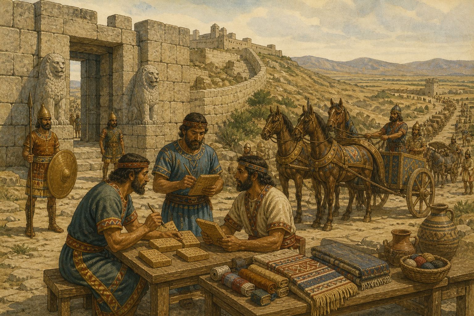 Envoys from two kingdoms facing a clay tablet