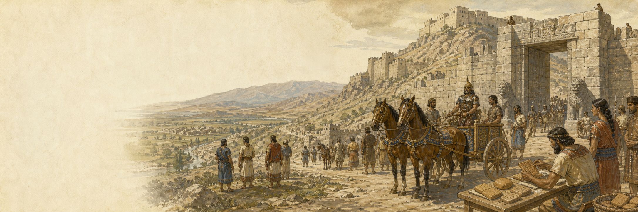 Scribes and soldiers studying a royal map before the gates of Hattusa