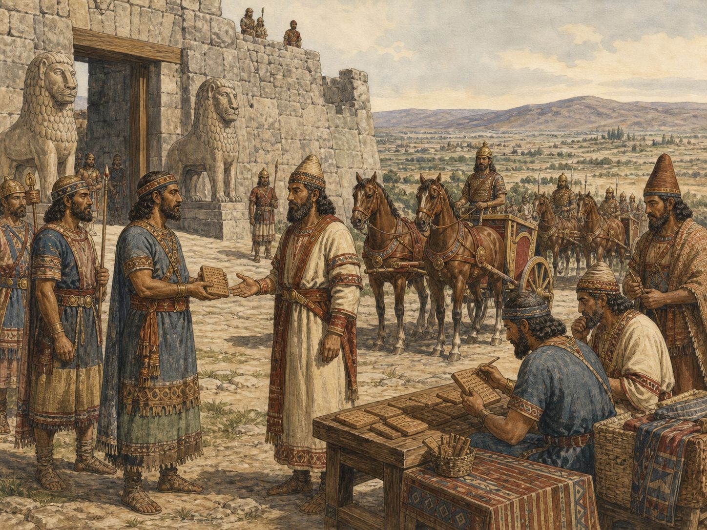 A campaign of chariots and infantry moving through a mountain pass