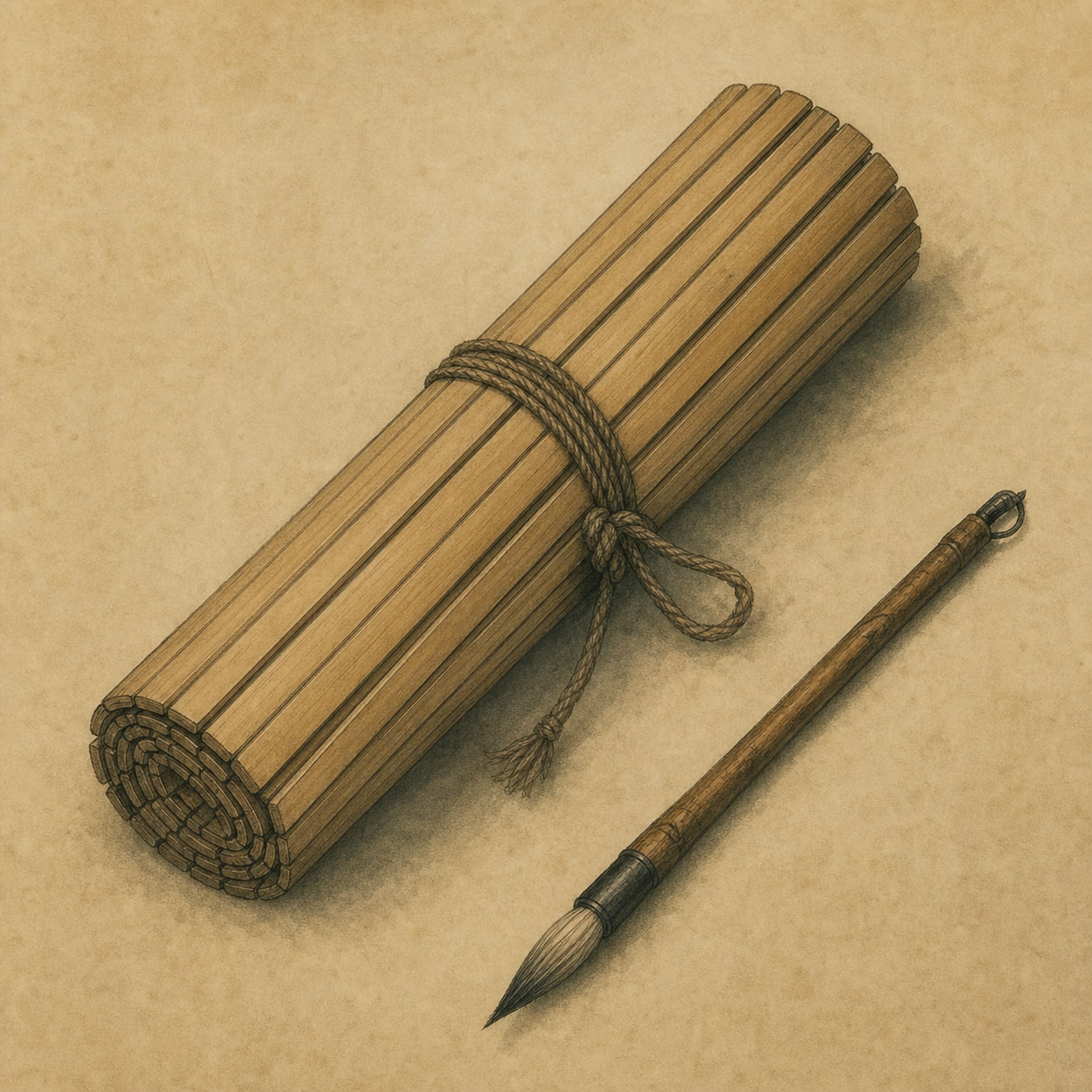 Bamboo slips bound with cord beside a writing brush
