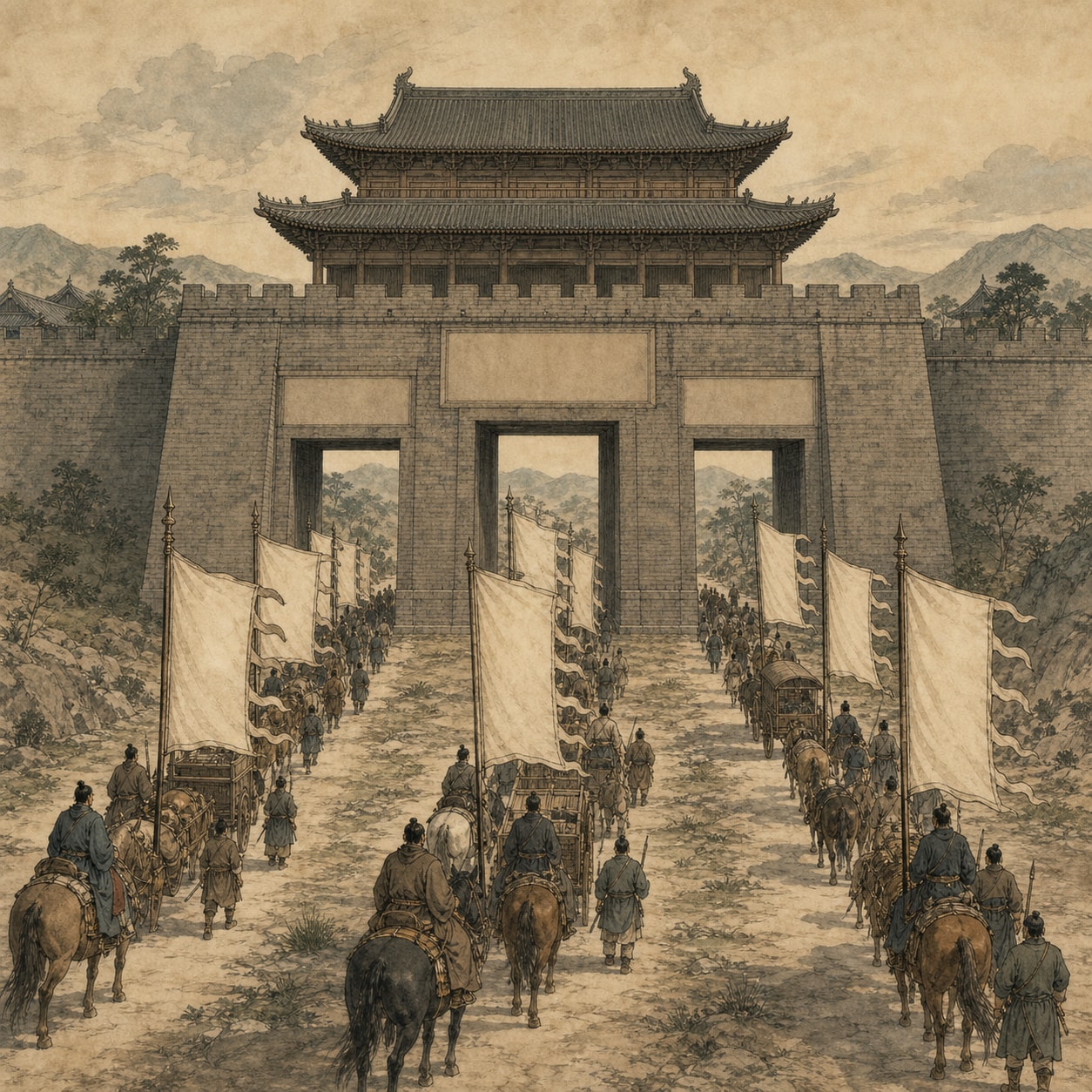 A procession with banners, riders, and carts approaching three monumental gates