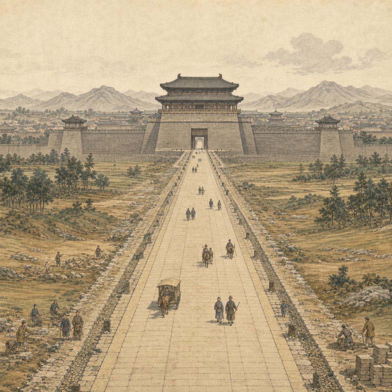 A straight road leading to a fortified gate through fields