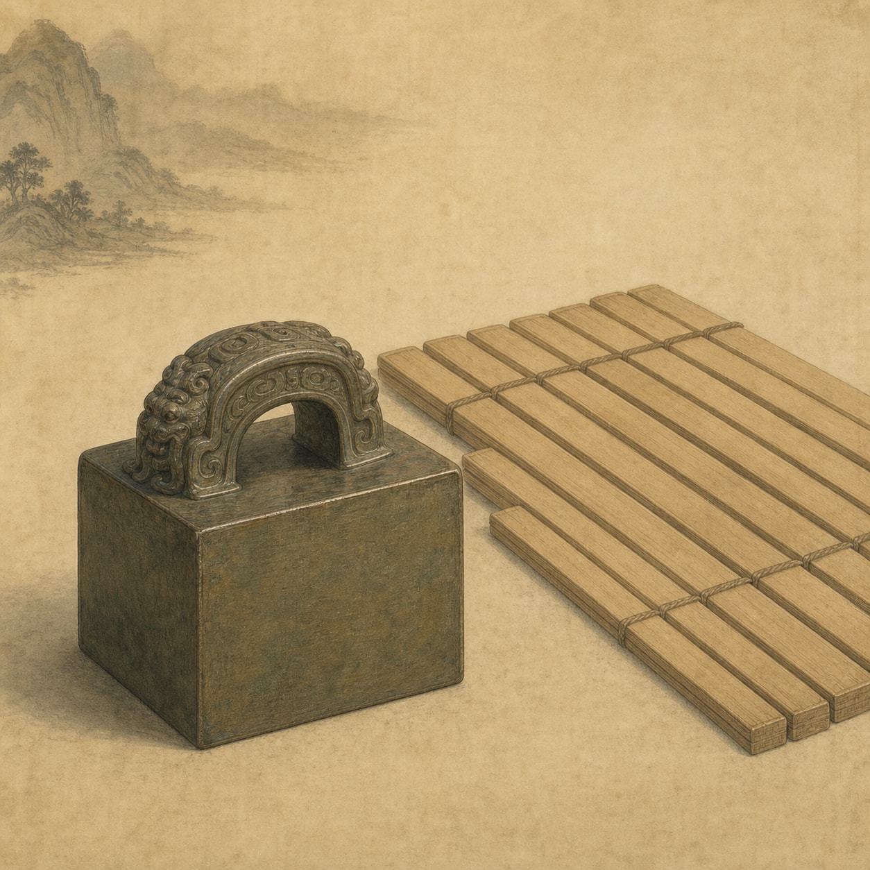 A bronze seal and two bamboo documents symbolizing institutional reform