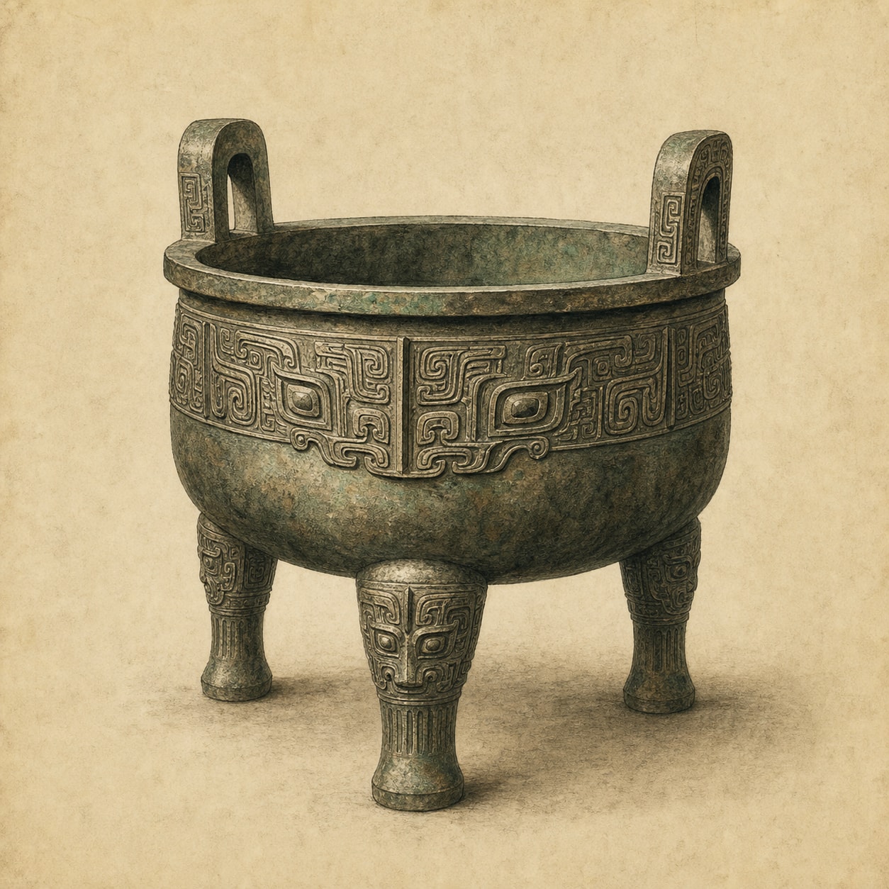 A bronze ritual ding symbolizing the Spring and Autumn period on a plain aged-paper field