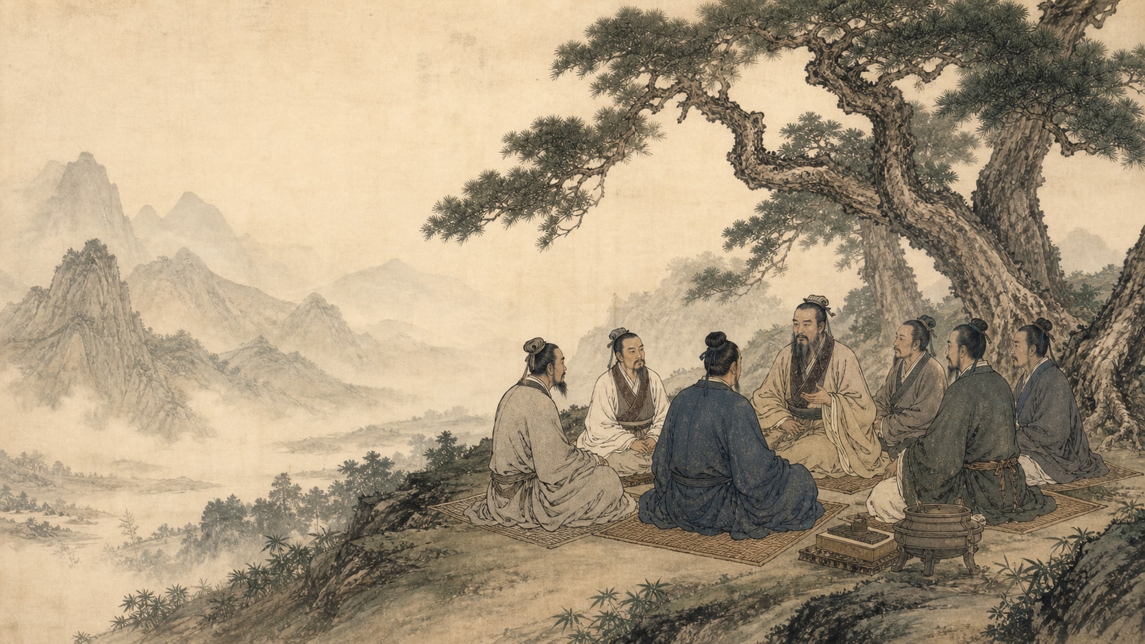 Ancient Chinese thinkers seated beneath a great pine, debating against a mountain landscape