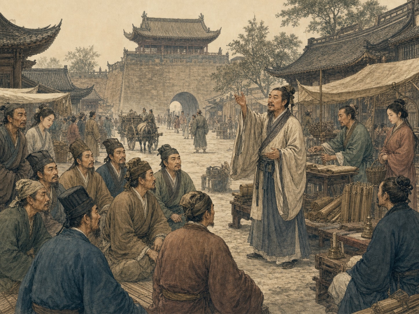 A traveling thinker presenting his teachings to rulers and scholars