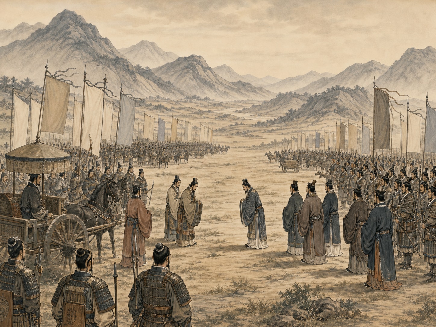 Envoys from rival states facing one another on a plain with assembled forces behind them