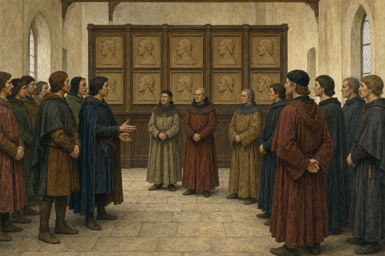 In a French royal hall in 1328, rival English and French envoys face one another before an unlettered wooden dynastic display of ancestor profiles