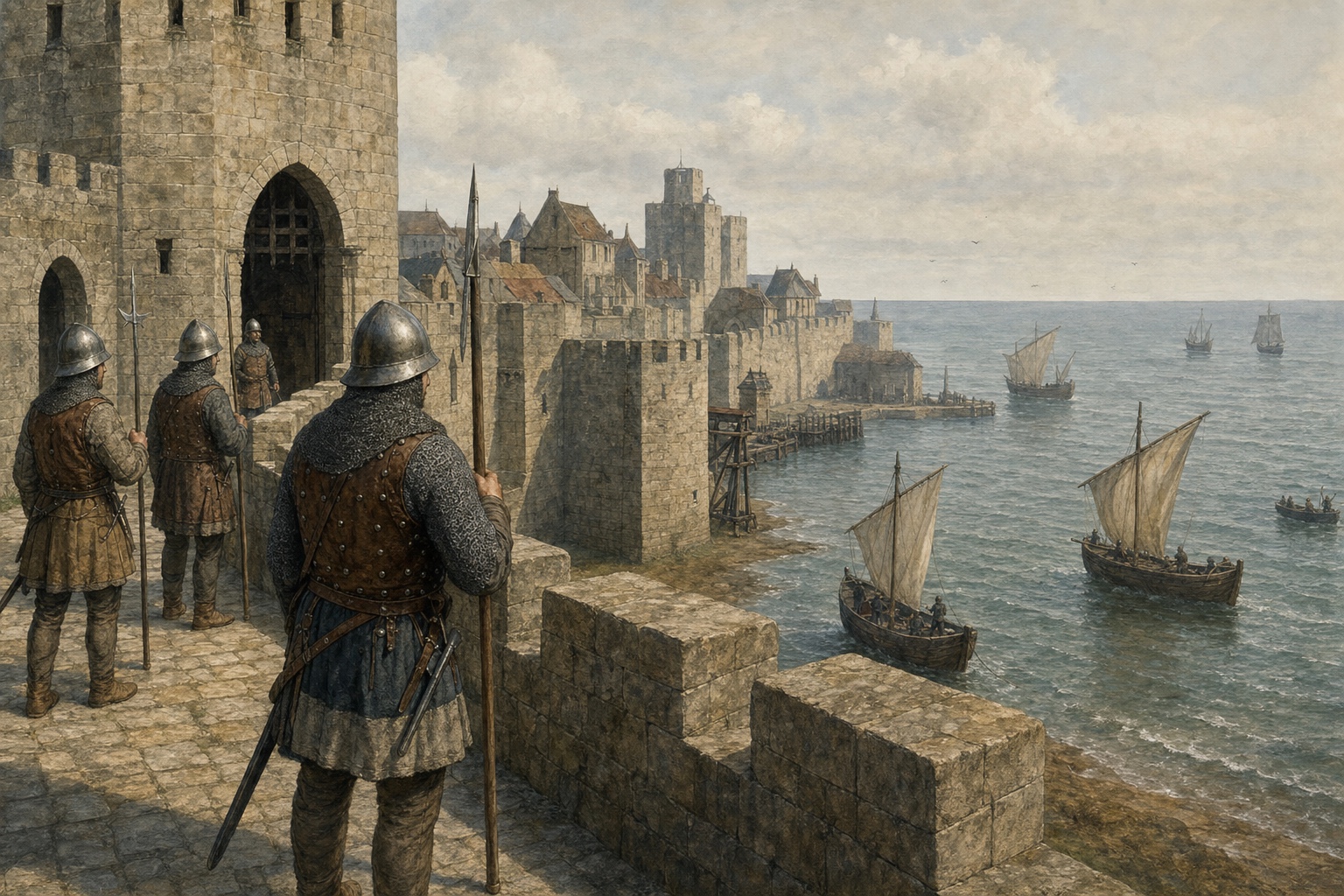 After 1453 at Calais, English guards watch from sea-facing walls while small coastal boats cross the Channel below