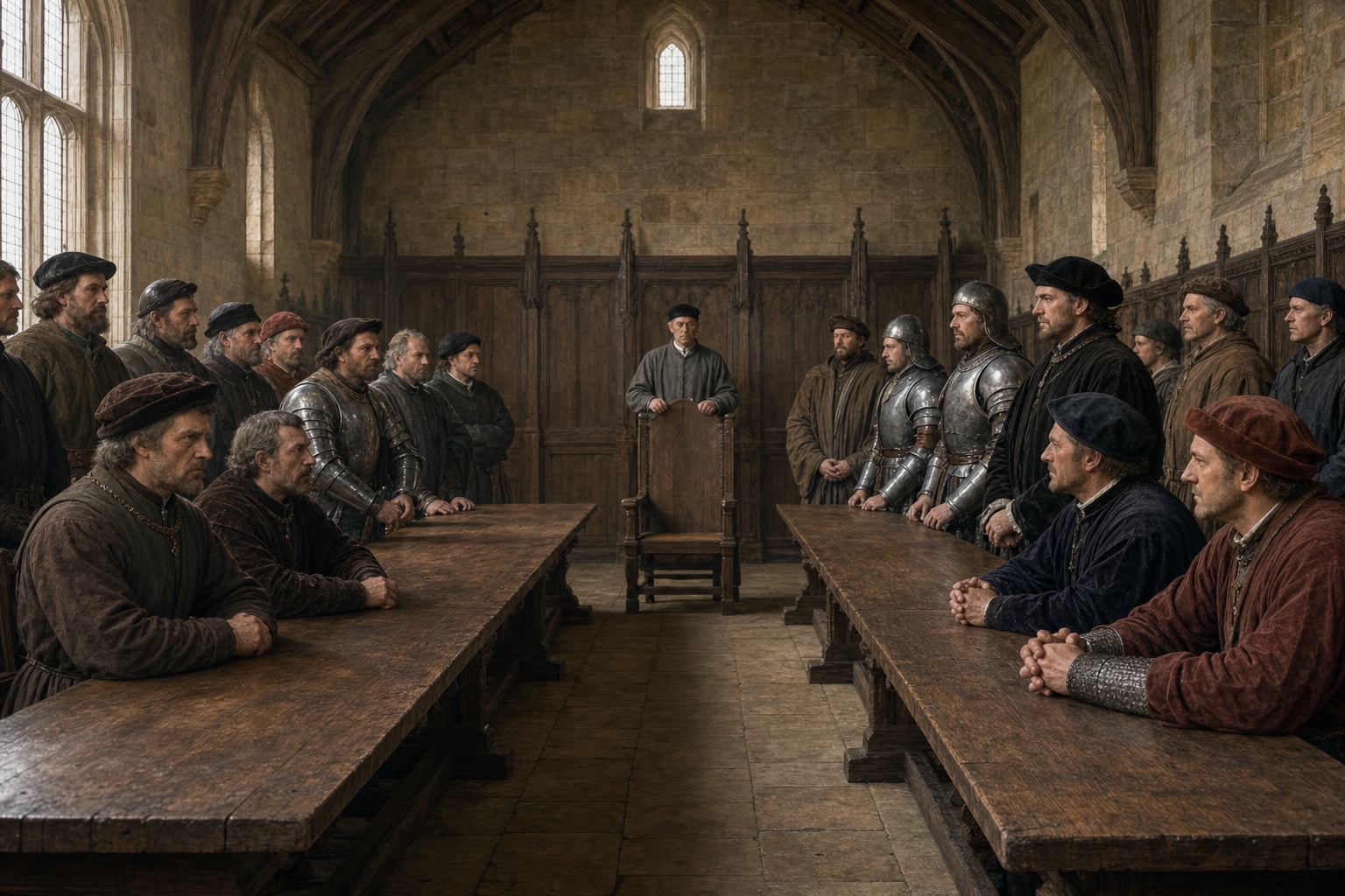 After the loss of France in 1453–1455, English magnates face one another in a divided royal council marked by an empty chair and central gap