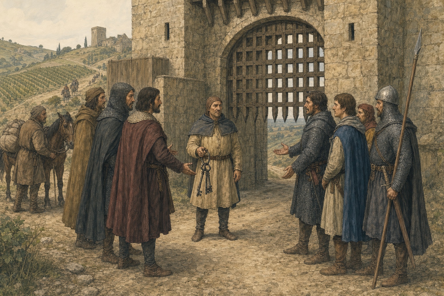 From 1329 to 1337 in Guyenne, two groups of envoys dispute feudal possession before a fortified gate and plain gate keys