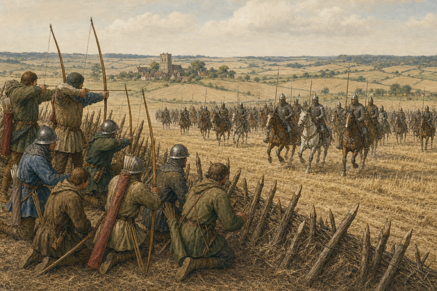 At Crécy in 1346, English longbowmen hold a harvested ridge behind stakes as French cavalry in mail and coats of plates approach
