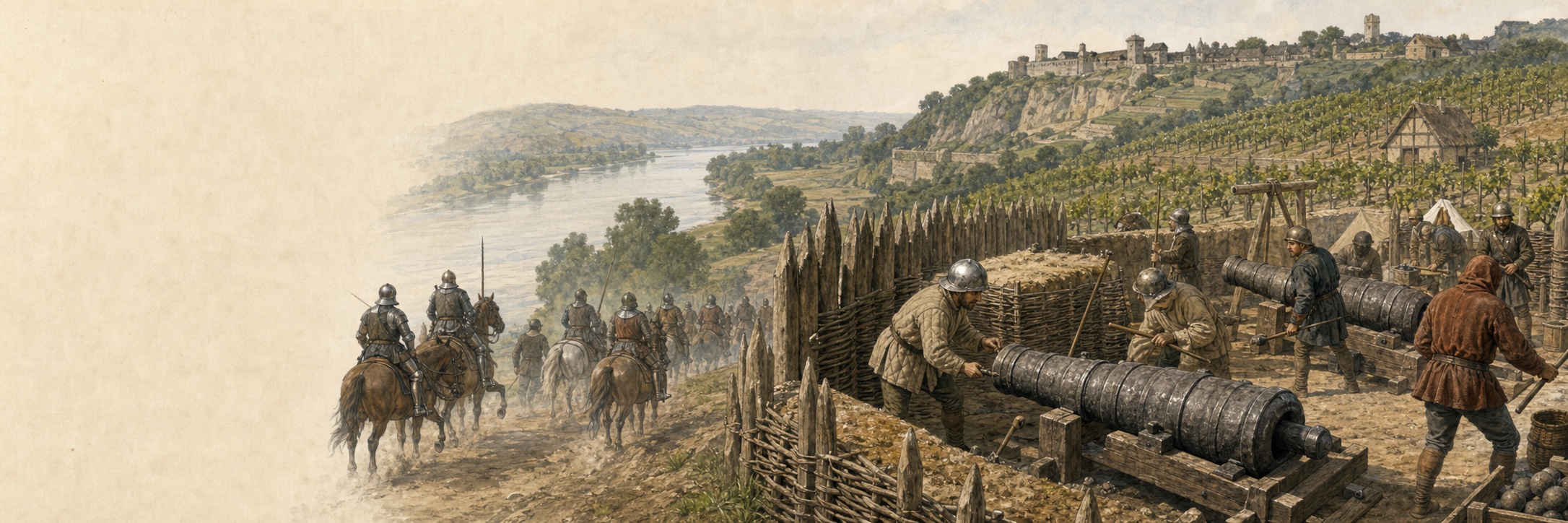 A panoramic summer 1453 view near Castillon, where French crews tend low hoop-reinforced bombards inside an earth-and-timber artillery camp as English mounted troops withdraw